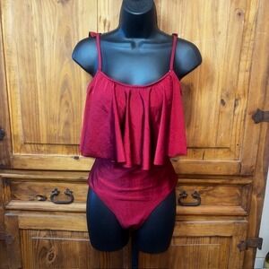 CUPSHE Womens Burgundy Ruffle Flounce Lace Up Back One Piece Swimsuit Size M
